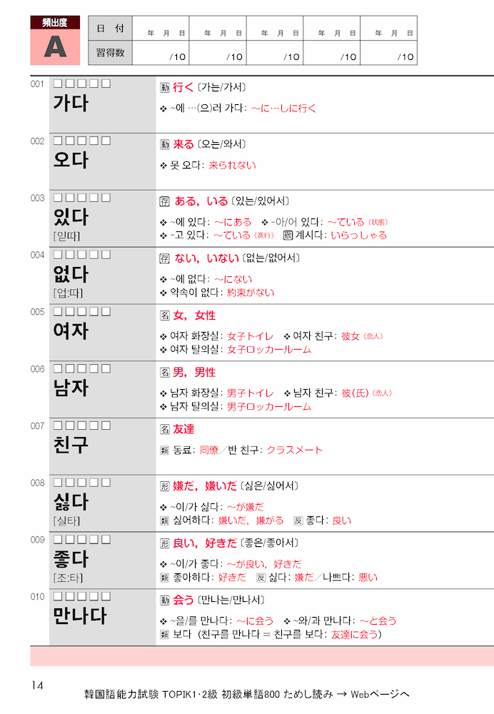 語研 『韓国語能力試験 TOPIK 1・2級 初級単語800』河仁南＋南嘉英 ISBN978-4-87615-302-2（ためし読みPDFあり）